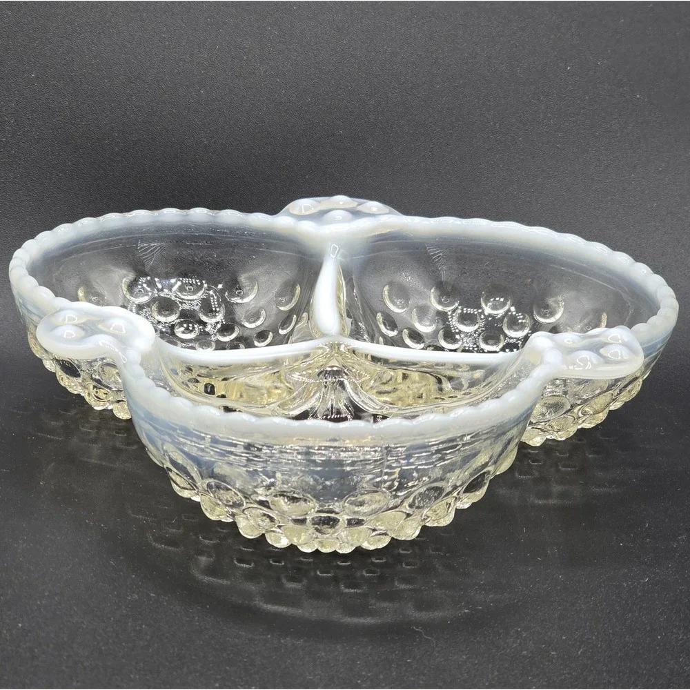 VTG Fenton Opalescent Hobnail Moonstone Divided Relish‎ Dish 3 Compartment 6.5in